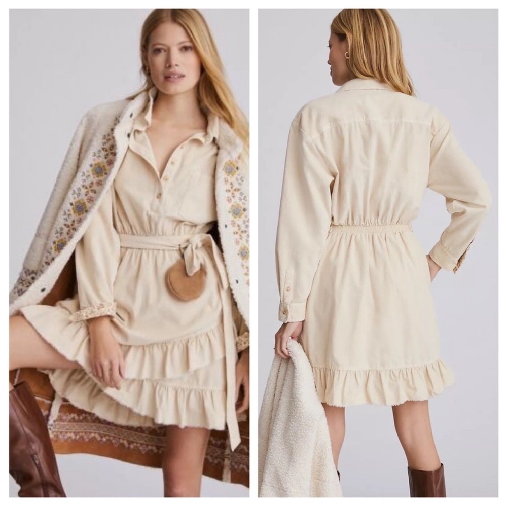 Anthropologie Pilcro Cream Corduroy tie waist ruffle mini dress